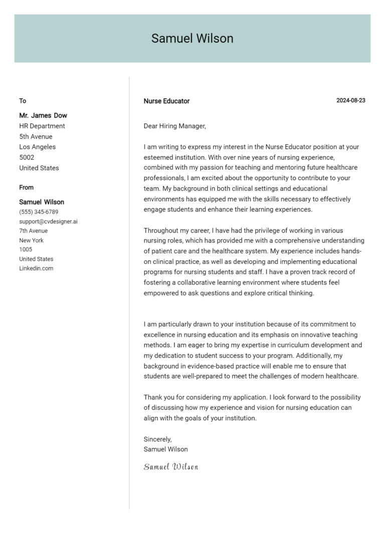 32 Nurse Educator Cover Letter Samples & Examples 2025