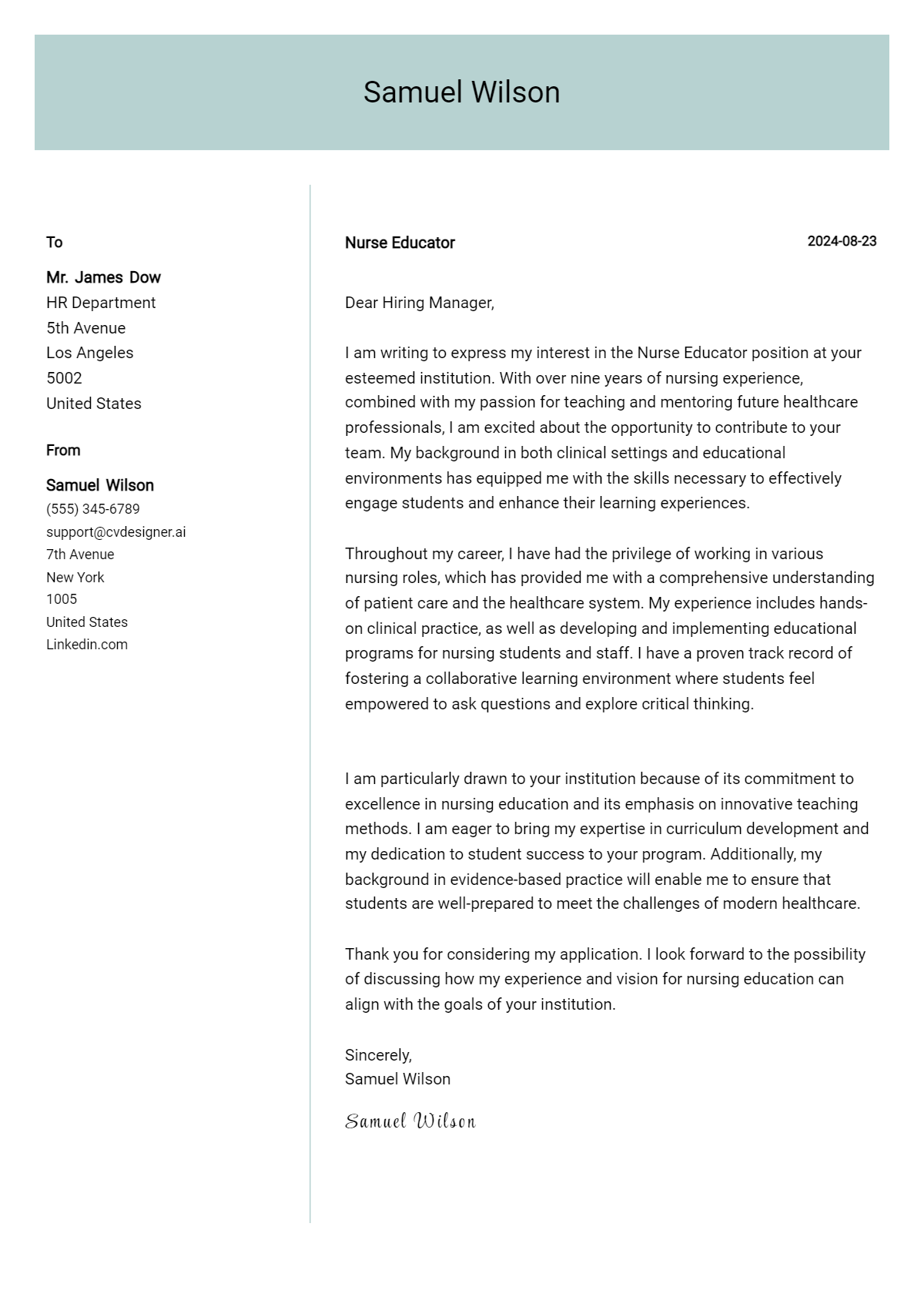 nurse educator cover letter example