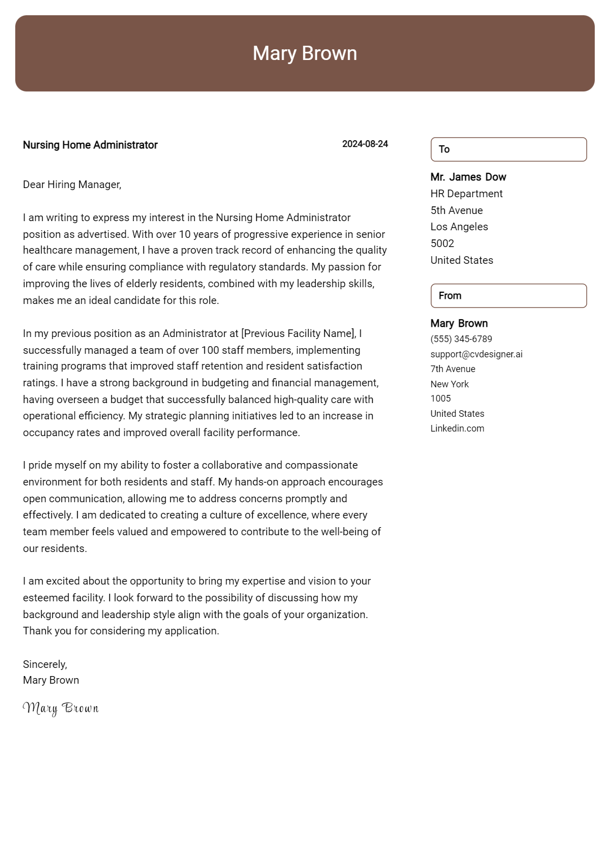 nursing home administrator cover letter example