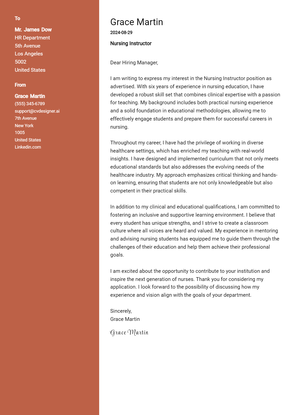 nursing instructor cover letter example