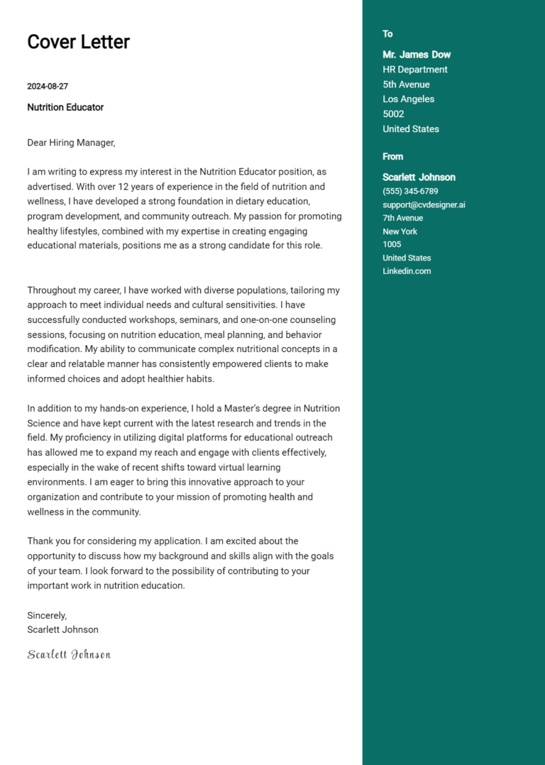 Nutrition Educator Cover Letter Example for 2025: Tips & Templates