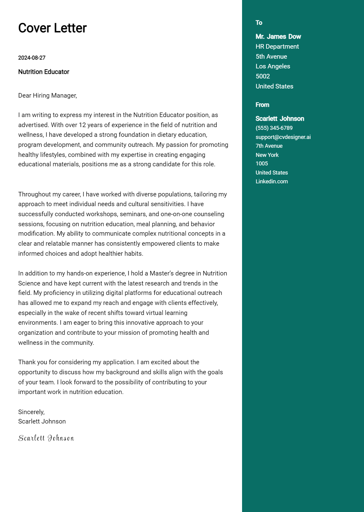 nutrition educator cover letter example