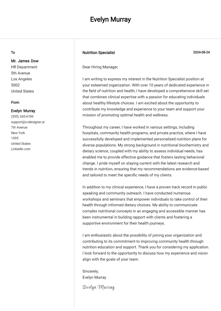 Nutrition Specialist Cover Letter Example for 2025: Ultimate Guide