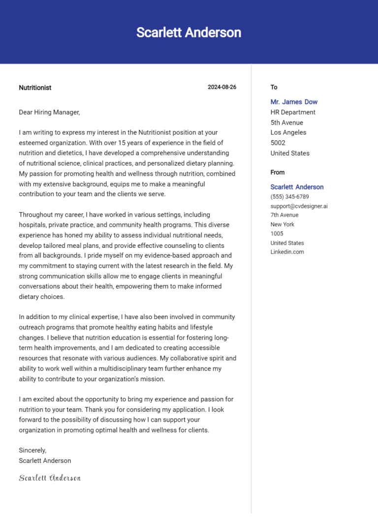 Nutritionist Cover Letter Example for 2025: Top CV Skills