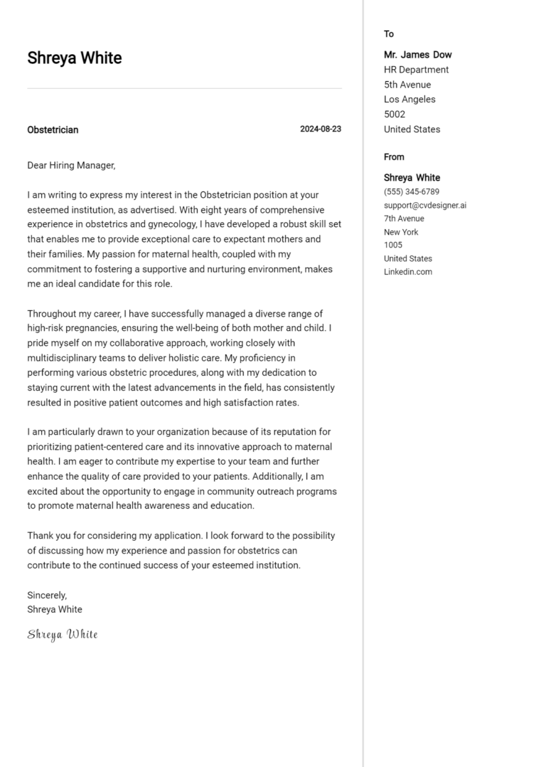 Obstetrician Cover Letter Examples for 2025 (Downloadable)