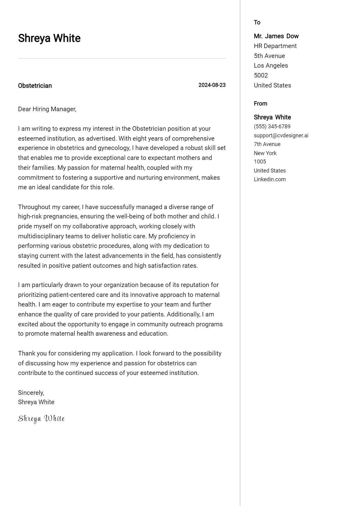 obstetrician cover letter example