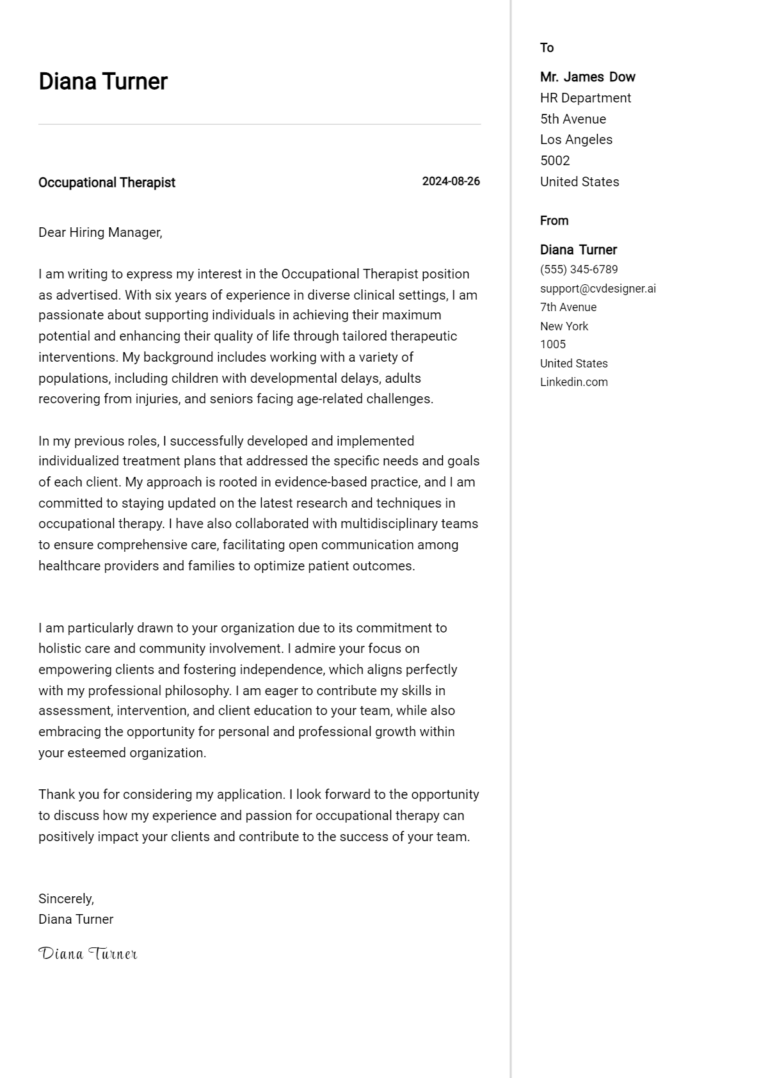 Occupational Therapist Cover Letter Example for 2025 (Writing Guide) 1 Occupational Therapist Cover Letter Example for 2025 (Writing Guide)