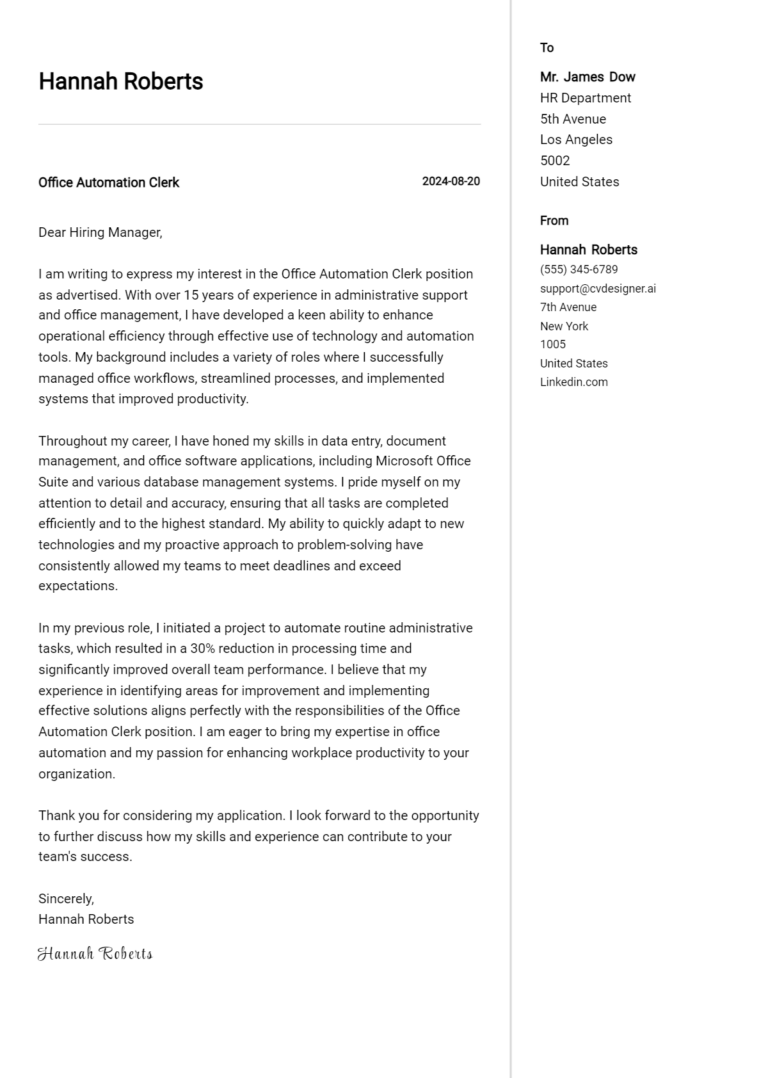 18 Office Automation Clerk Cover Letter Examples for 2025 (Free Templates)