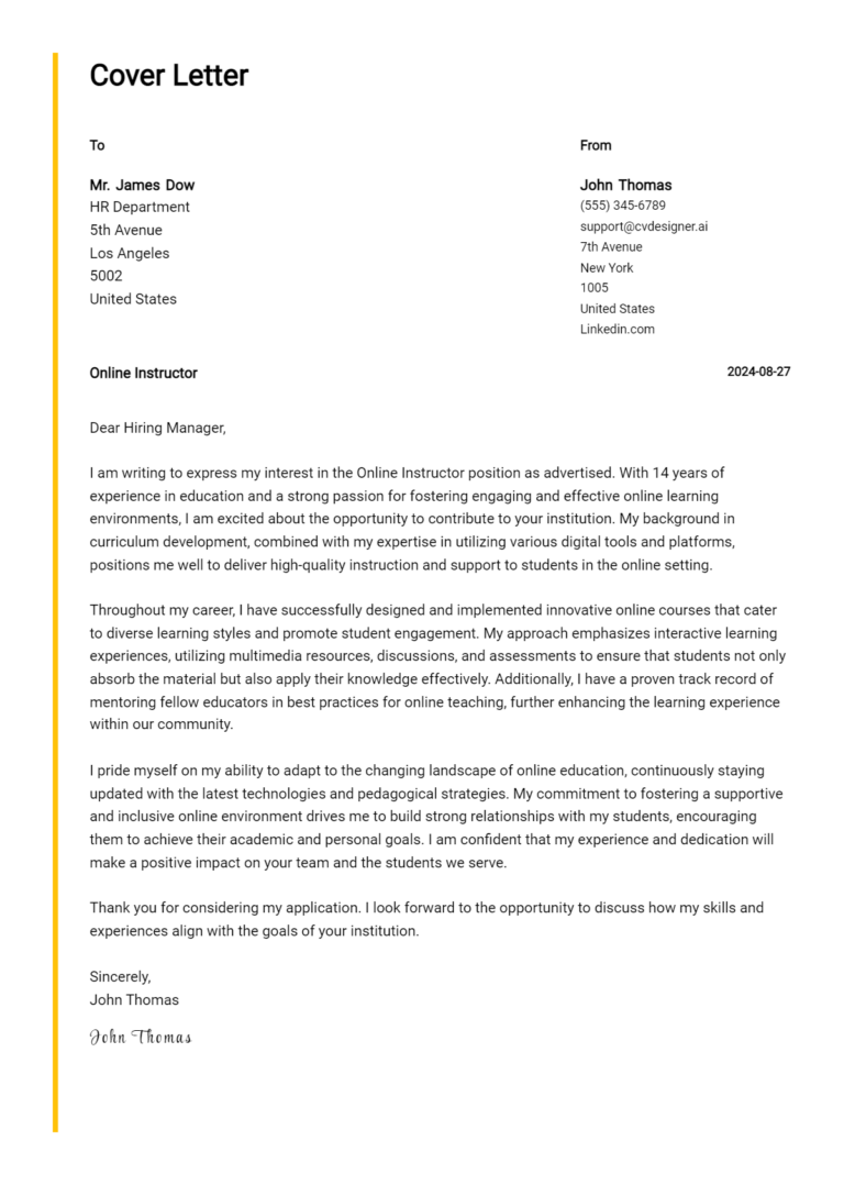 Online Instructor Cover Letter Example for 2025 (Complete Writing Guide)