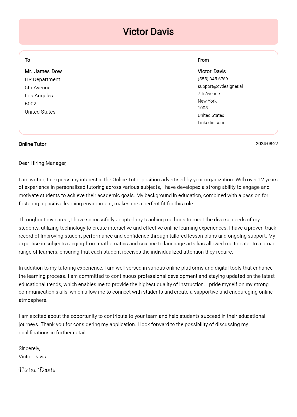 online tutor cover letter example