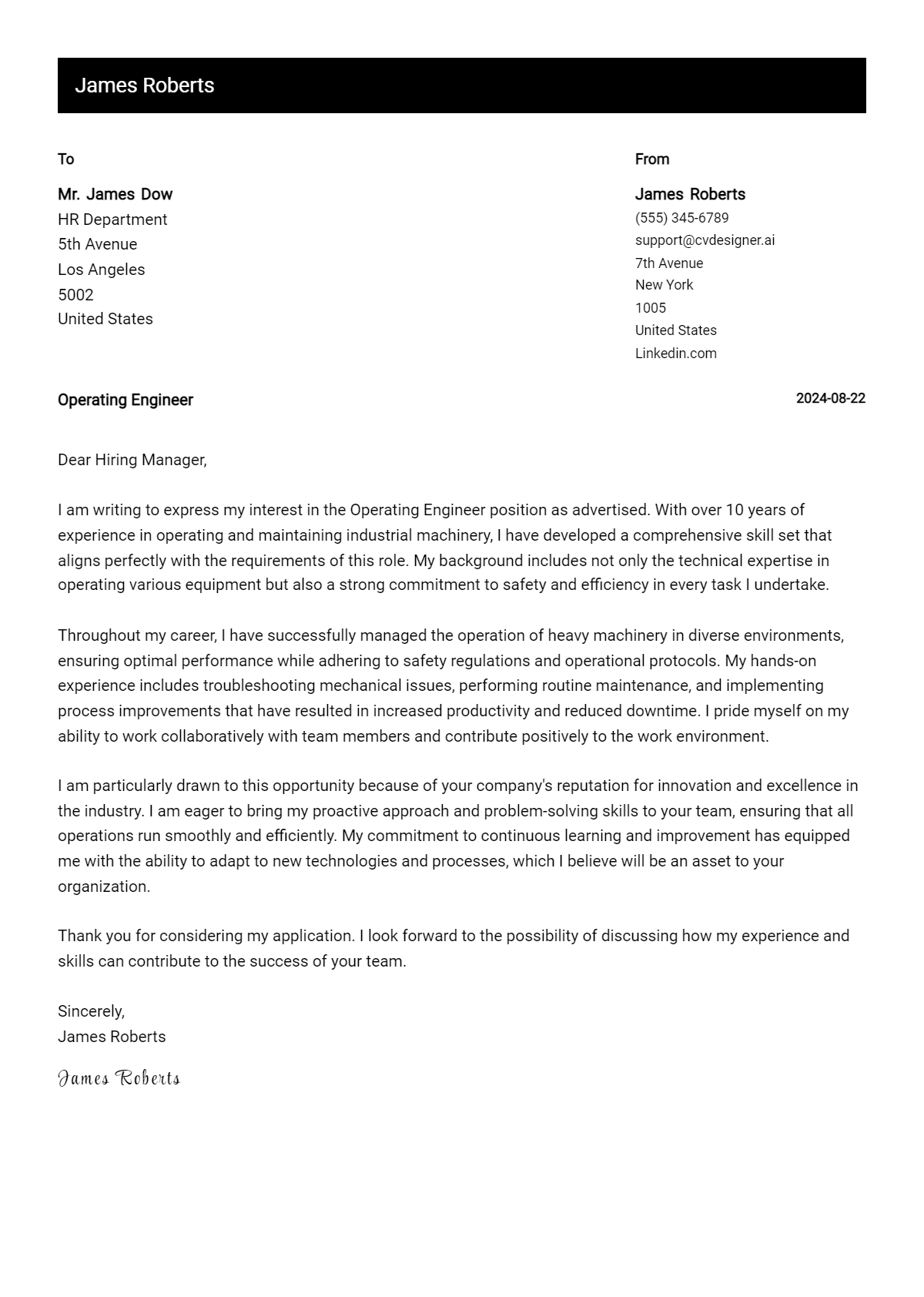 operating engineer cover letter example