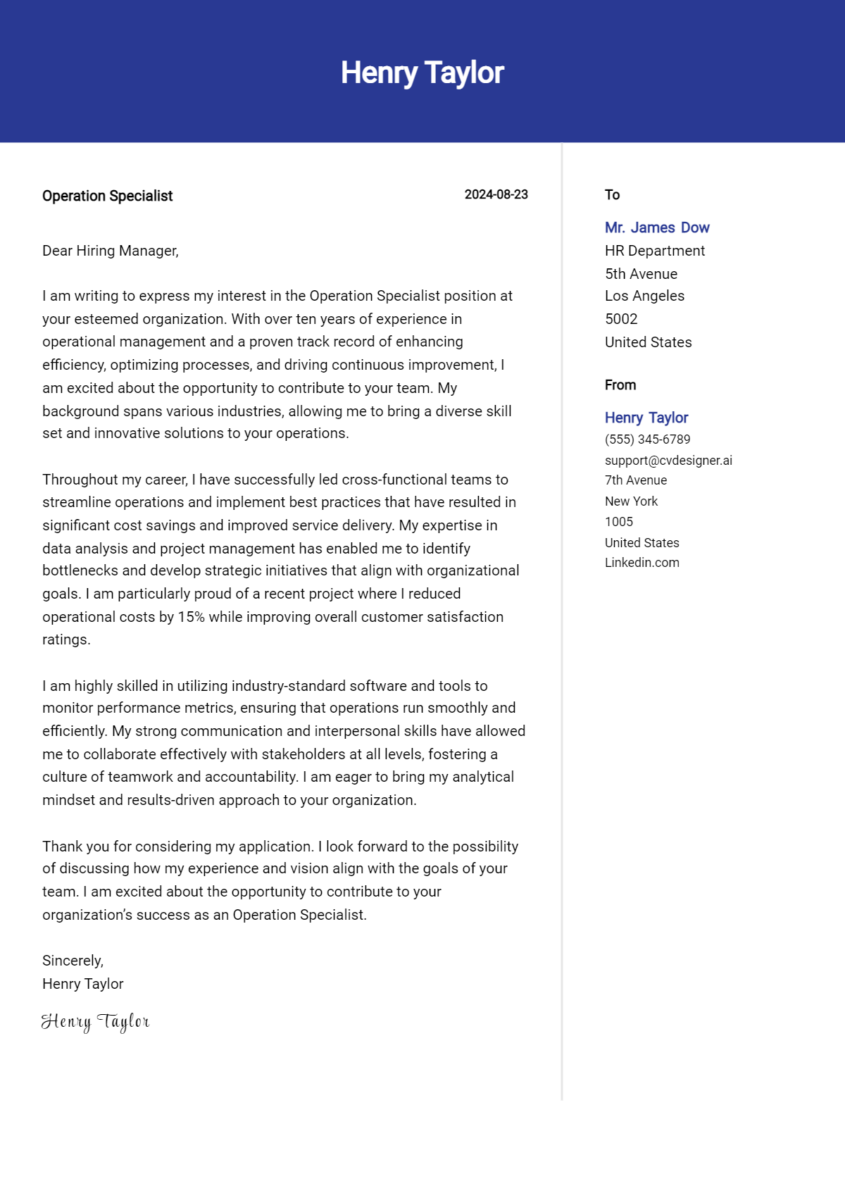 operation specialist cover letter example