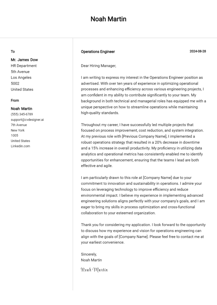 operations engineer cover letter example