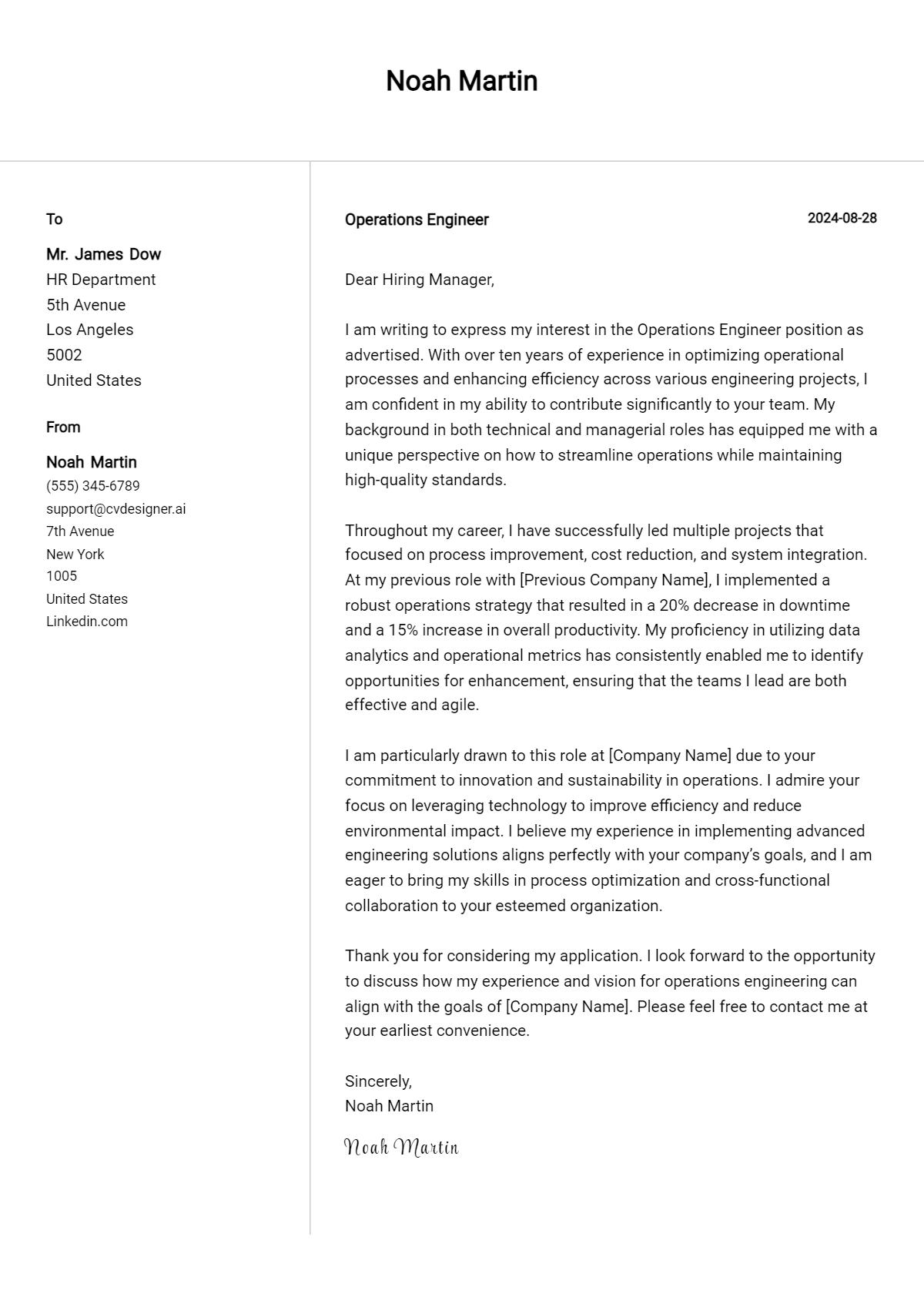 operations engineer cover letter example