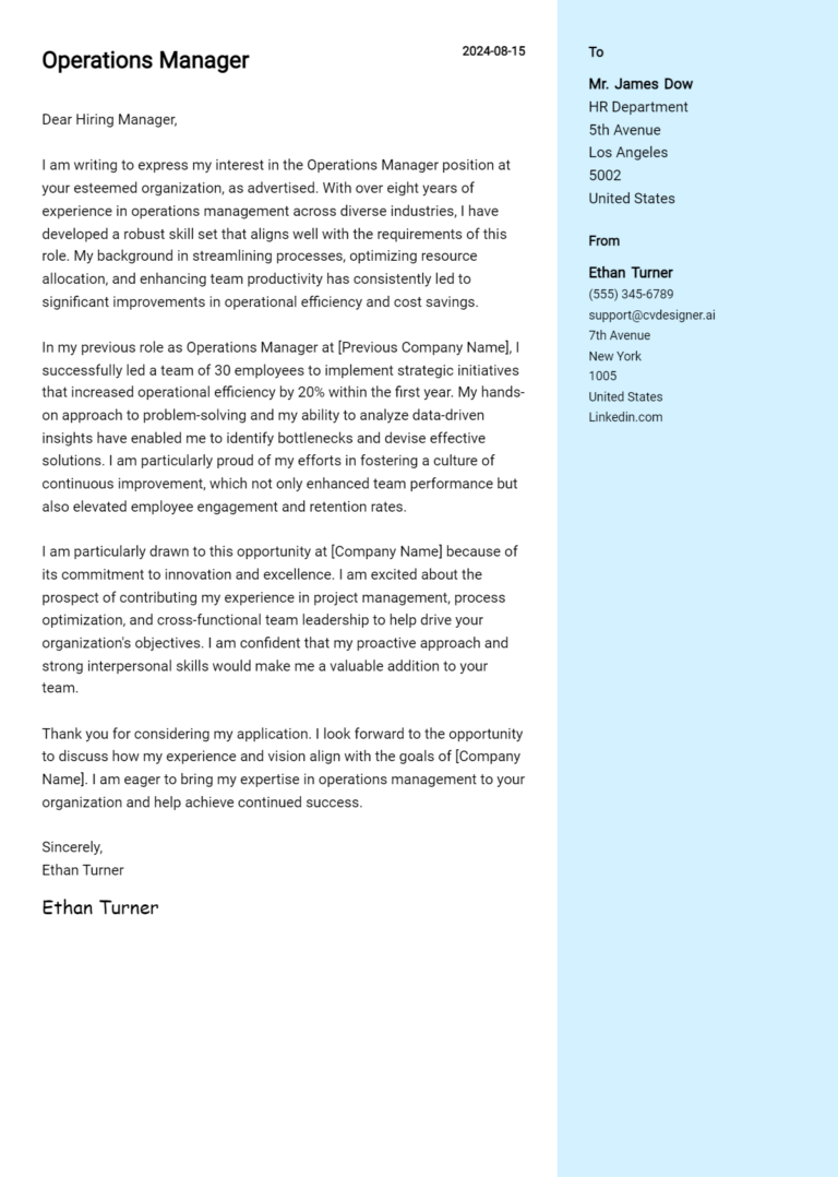 Operations Manager Cover Letter Example for 2025 (Writing Guide)