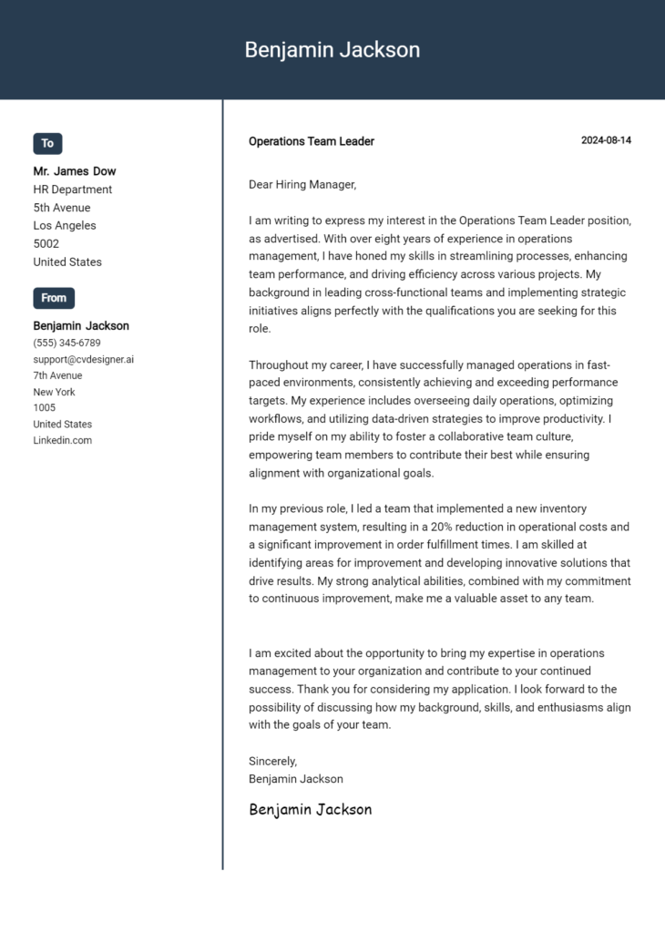 operations team leader cover letter example