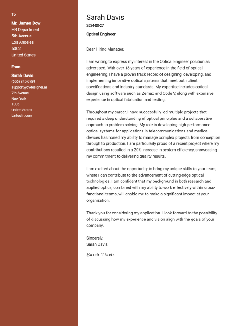 14 Optical Engineer Cover Letter Examples for 2025 (Downloadable) 1 14 Optical Engineer Cover Letter Examples for 2025 (Downloadable)