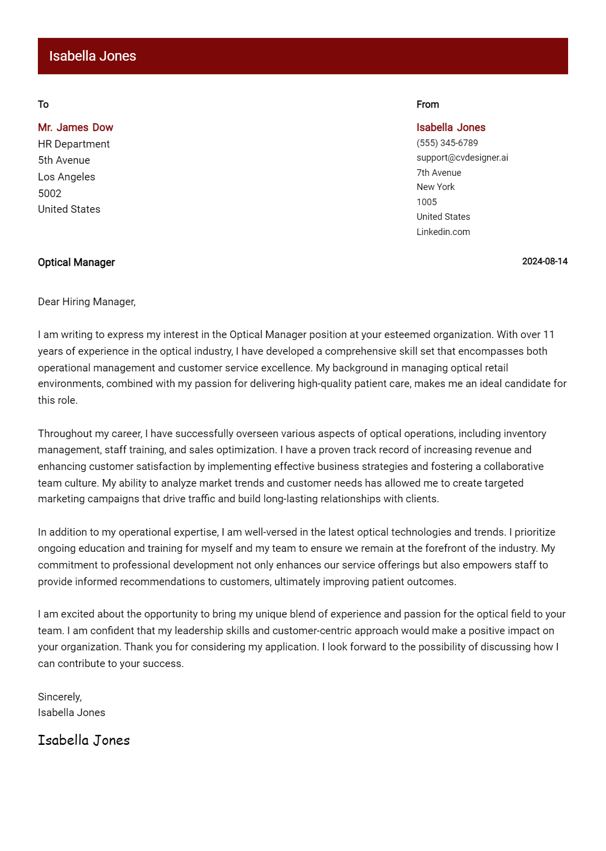 optical manager cover letter example