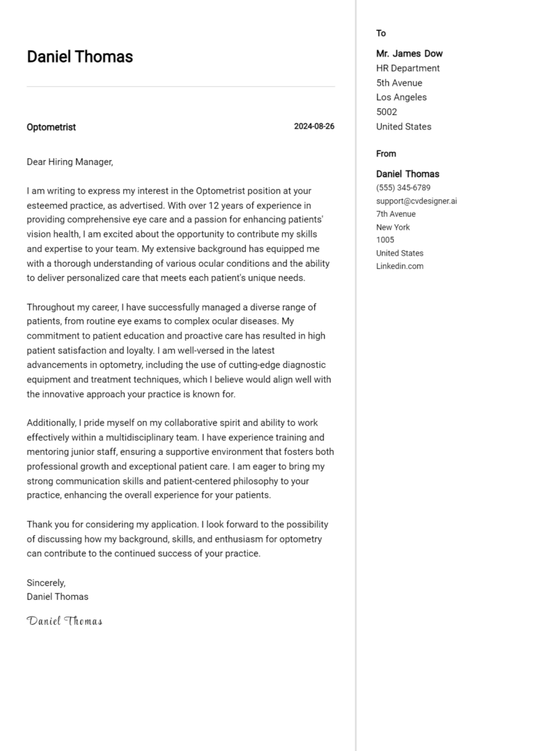 Optometrist Cover Letter Example for 2025 (Writing Guide)