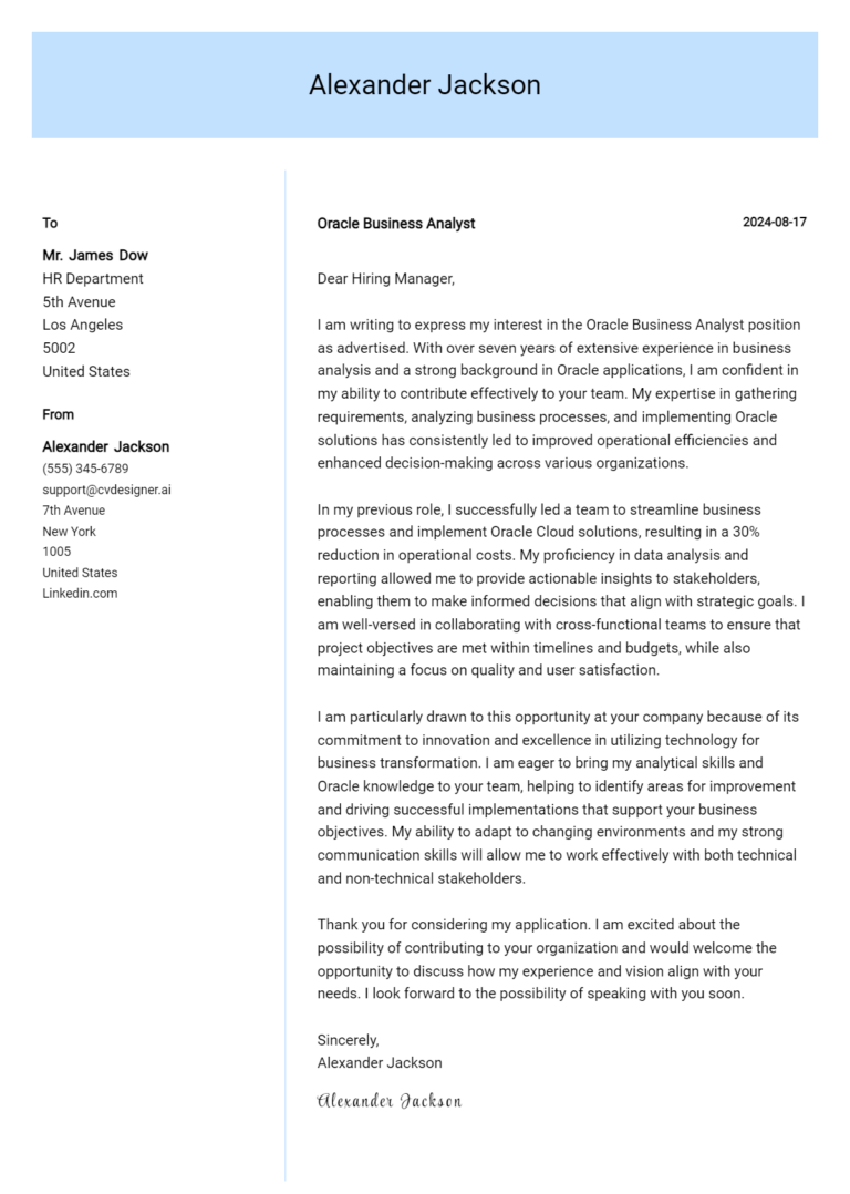 Oracle Business Analyst Cover Letter Example for 2025 (Download Templates)