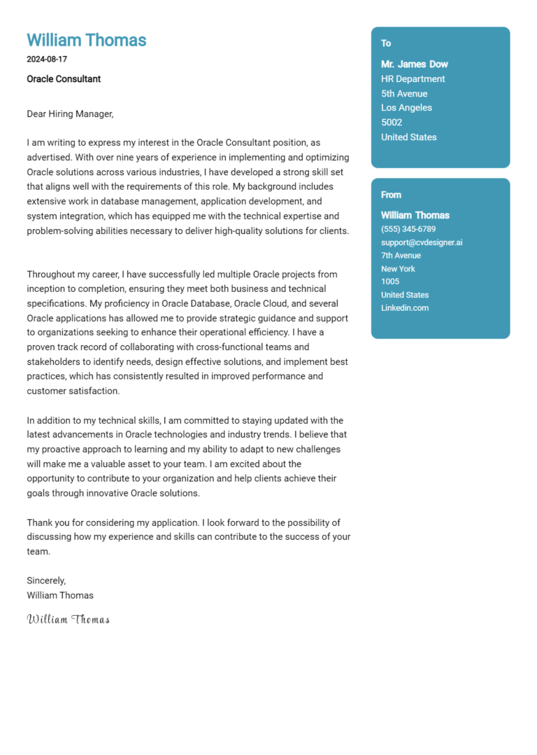 Oracle Consultant Cover Letter Example for 2025: Ultimate Guide