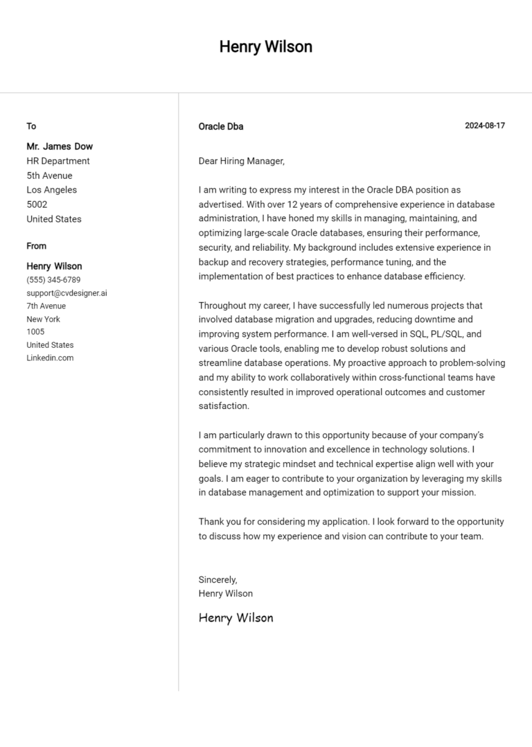 Oracle DBA Cover Letter Example for 2025: Expert Tips & Templates