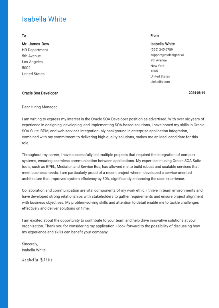 Oracle Soa Developer Cover Letter Example for 2025: Free Templates