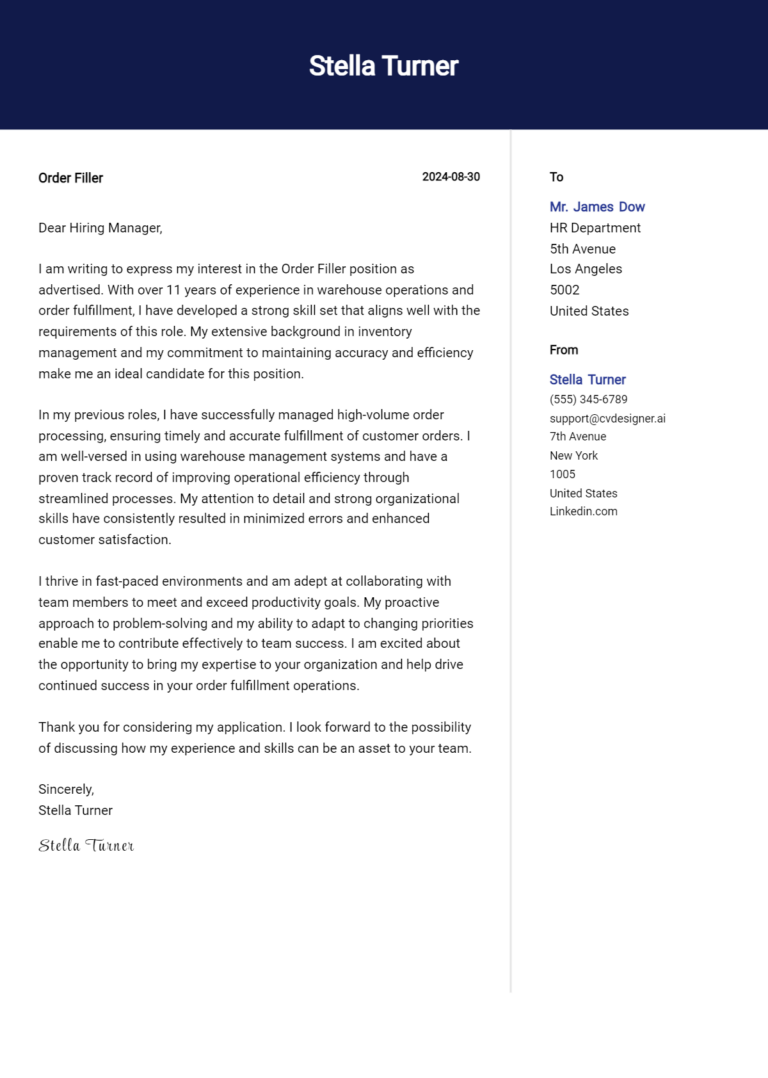 Order Filler Cover Letter Example for 2025: Ultimate Guide