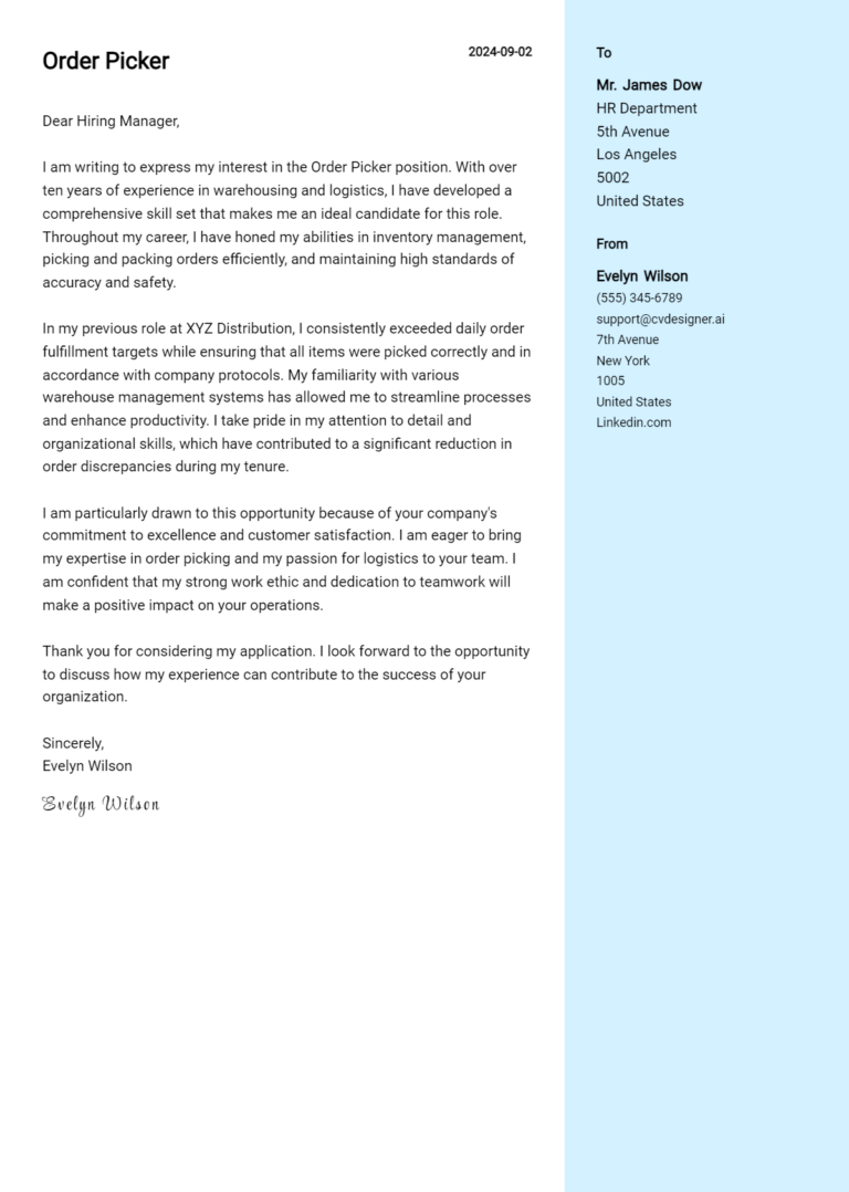 Order Picker Cover Letter Example for 2025: Tips & Templates
