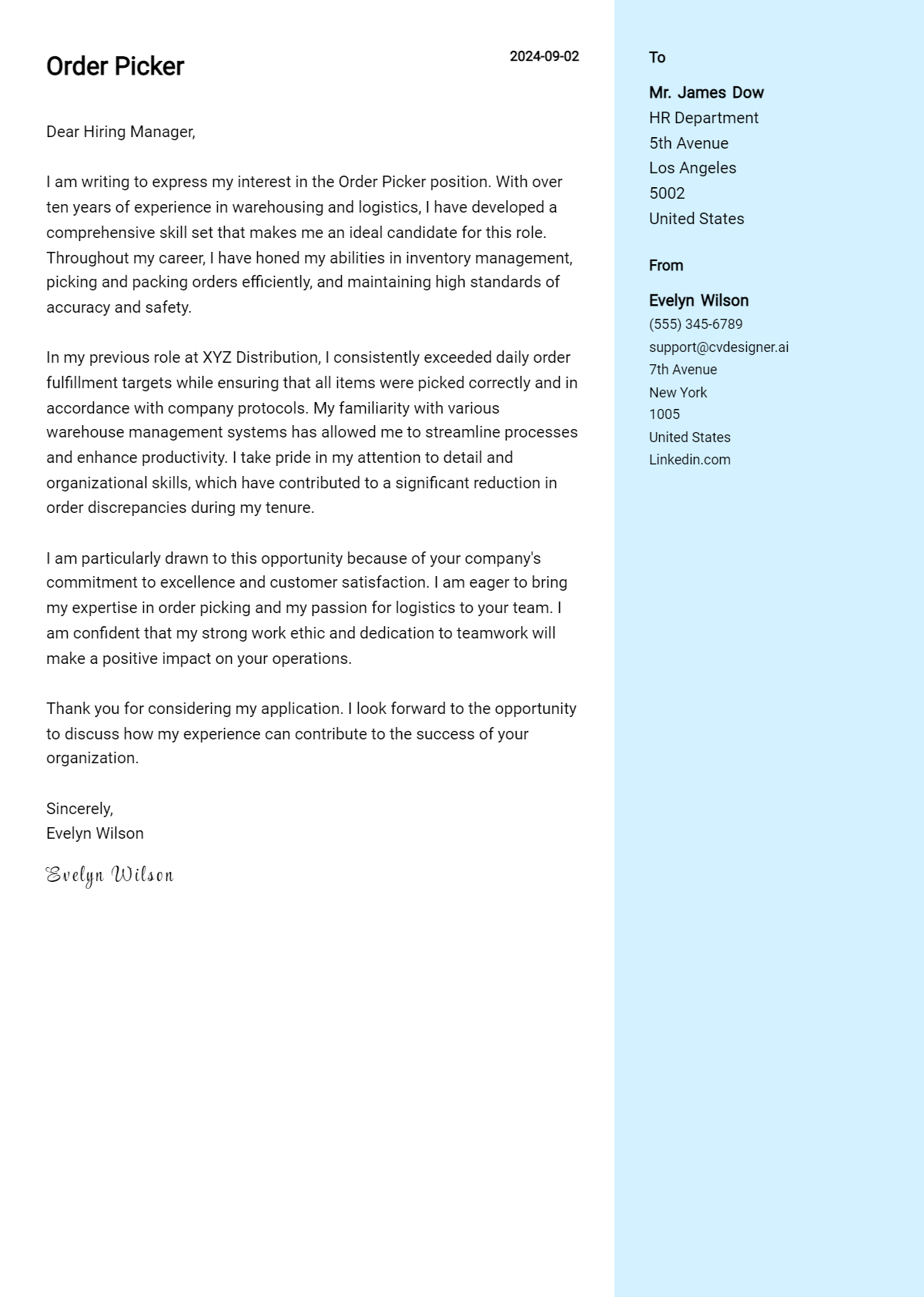 order picker cover letter example