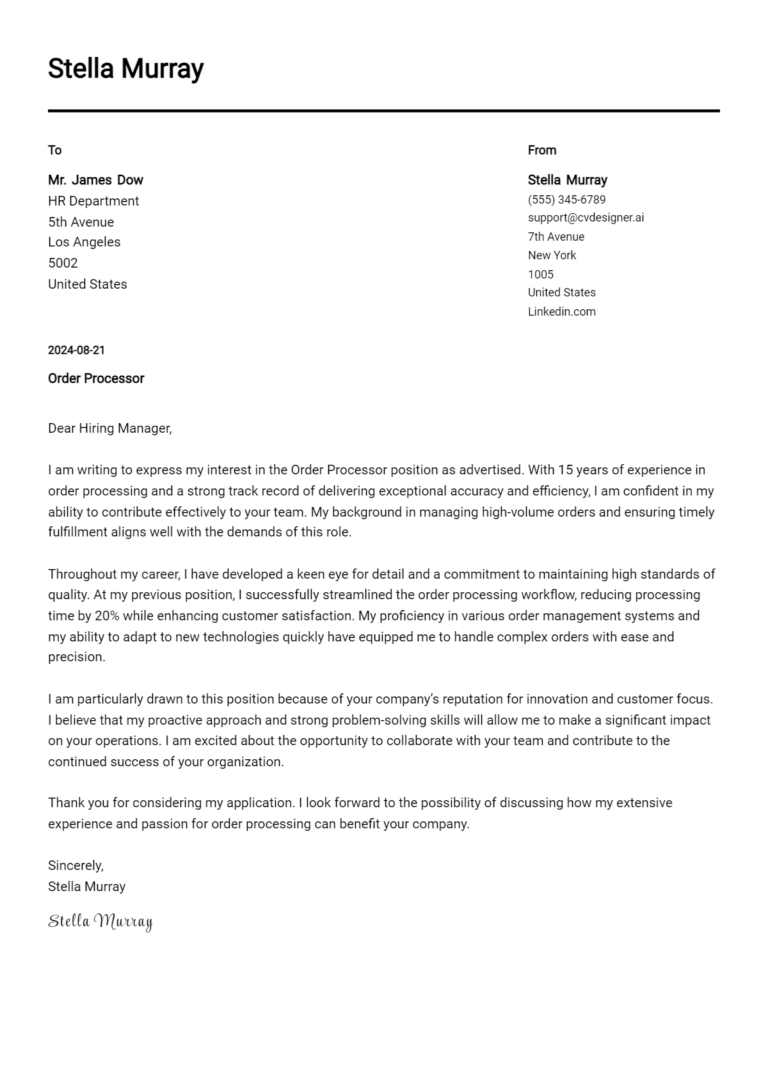 Order Processor Cover Letter Example for 2025: Free Templates