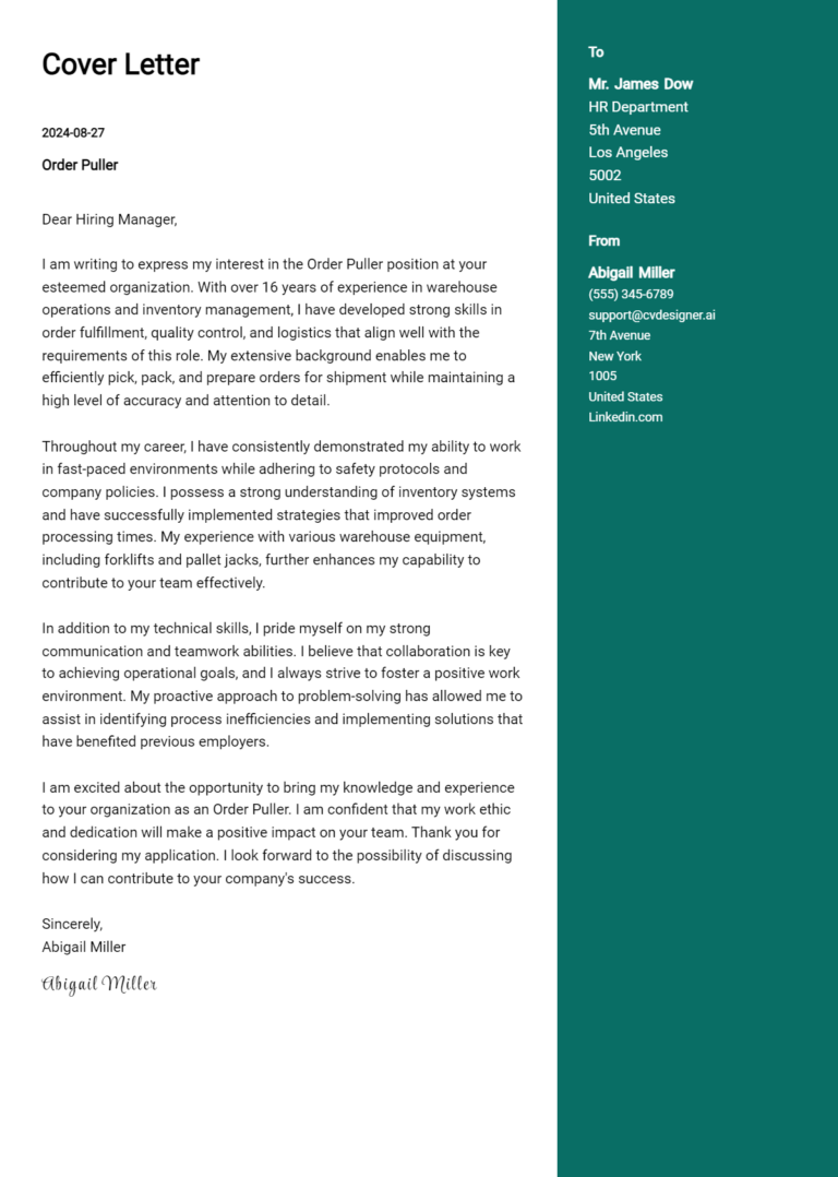 Order Puller Cover Letter Example for 2025: Ultimate Guide