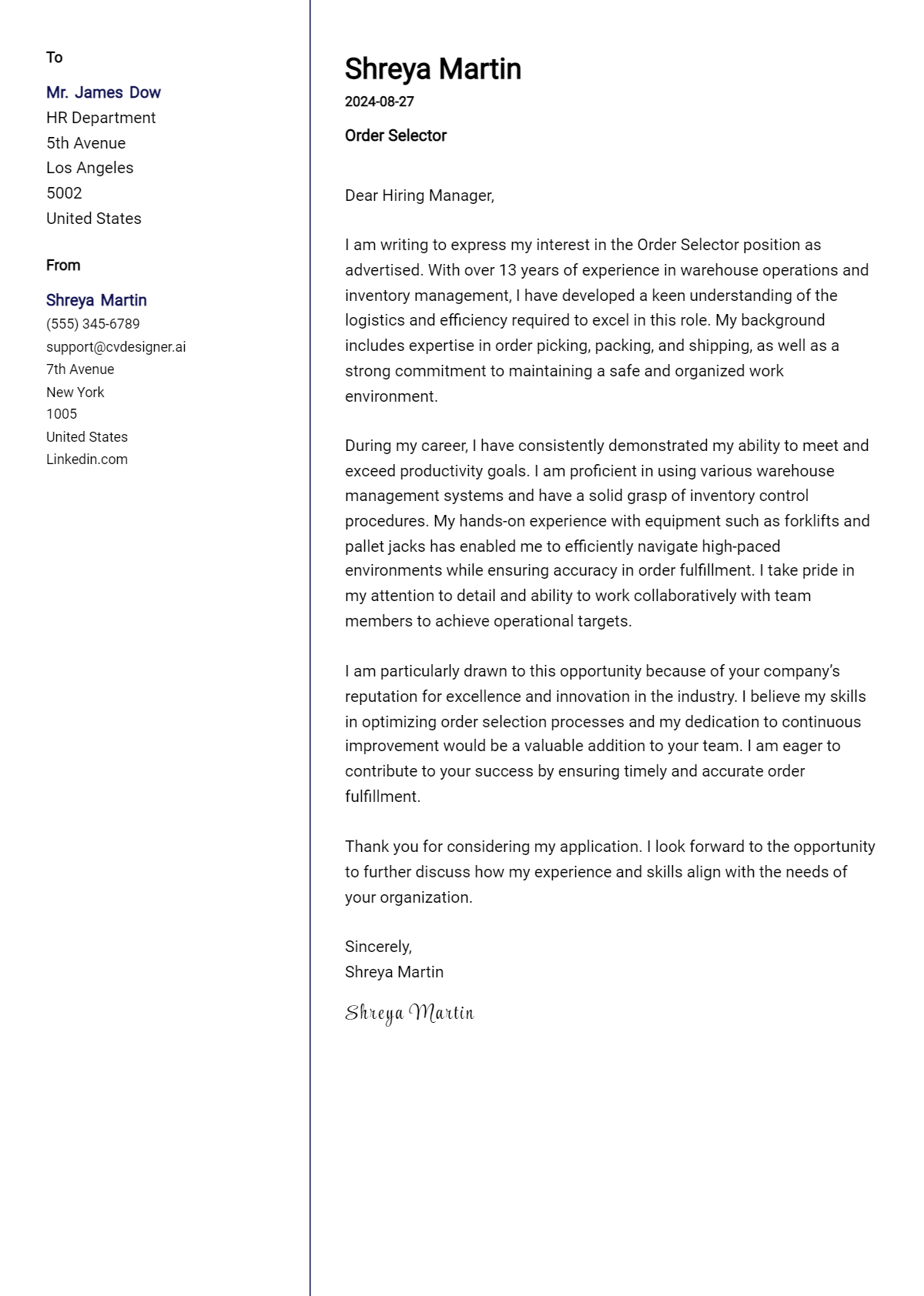 order selector cover letter example