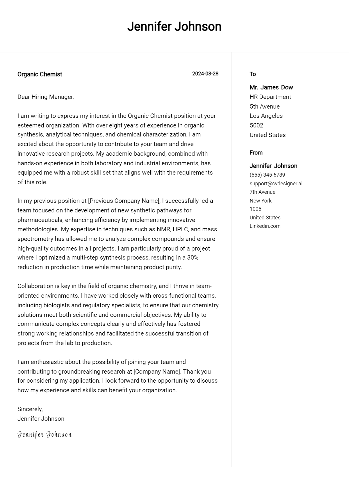 organic chemist cover letter example