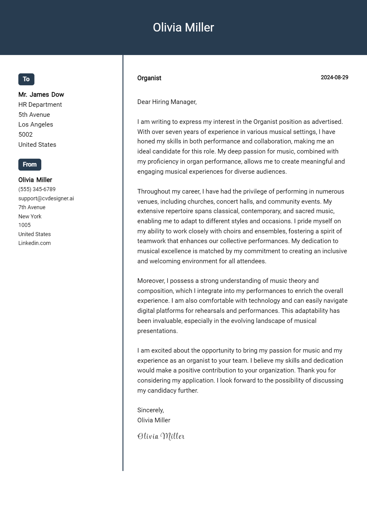 organist cover letter example