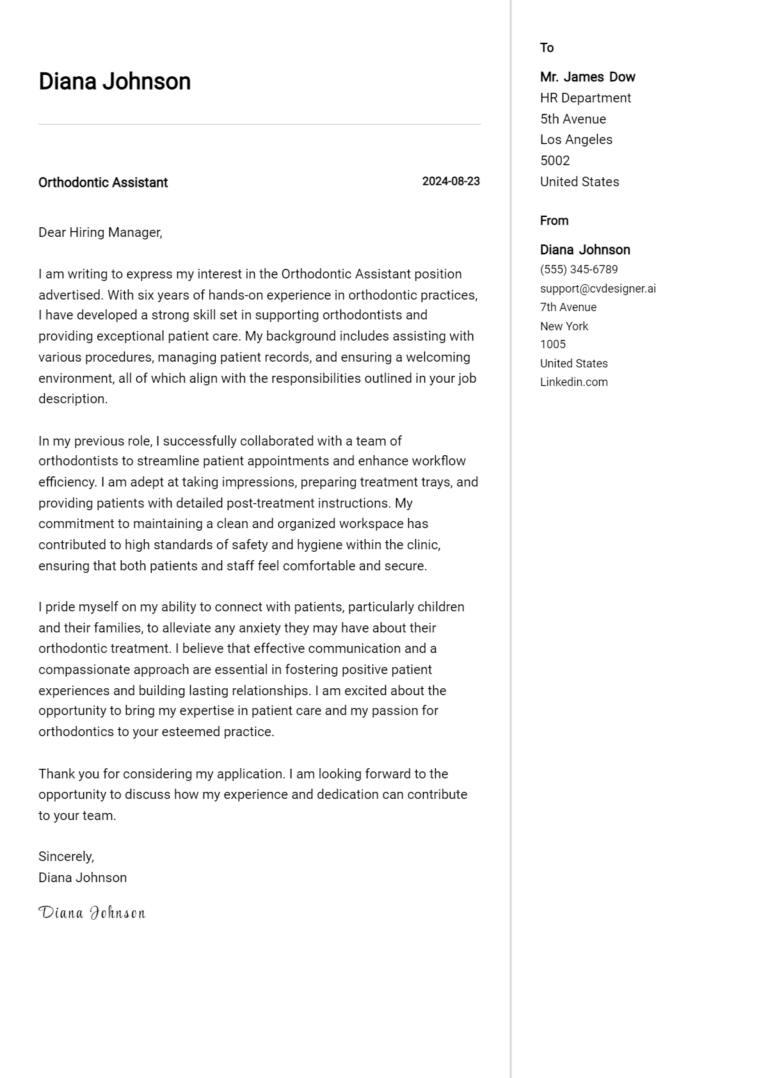 Orthodontic Assistant Cover Letter Example for 2025: Tips & Templates