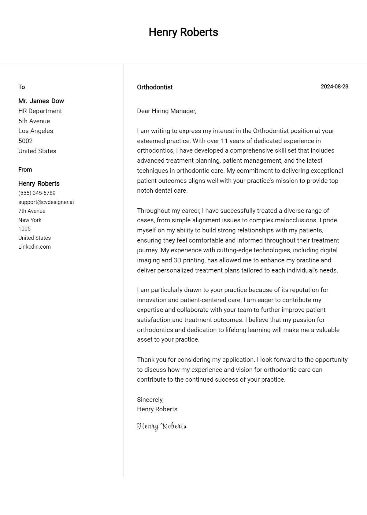 orthodontist cover letter example