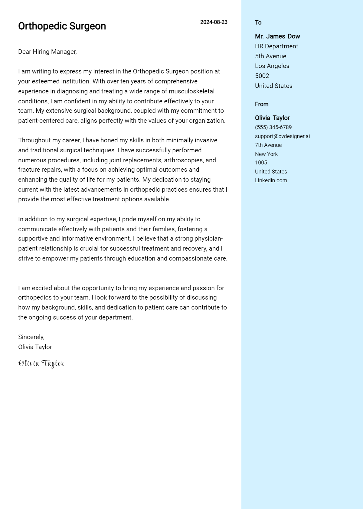 orthopedic surgeon cover letter example