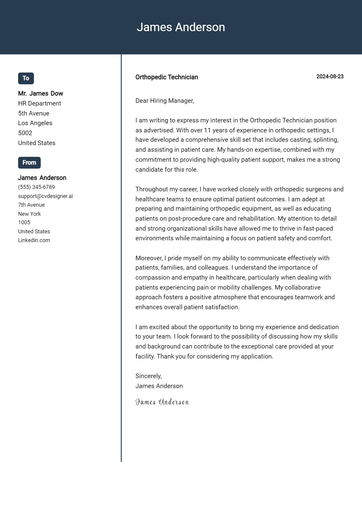 orthopedic technician cover letter example