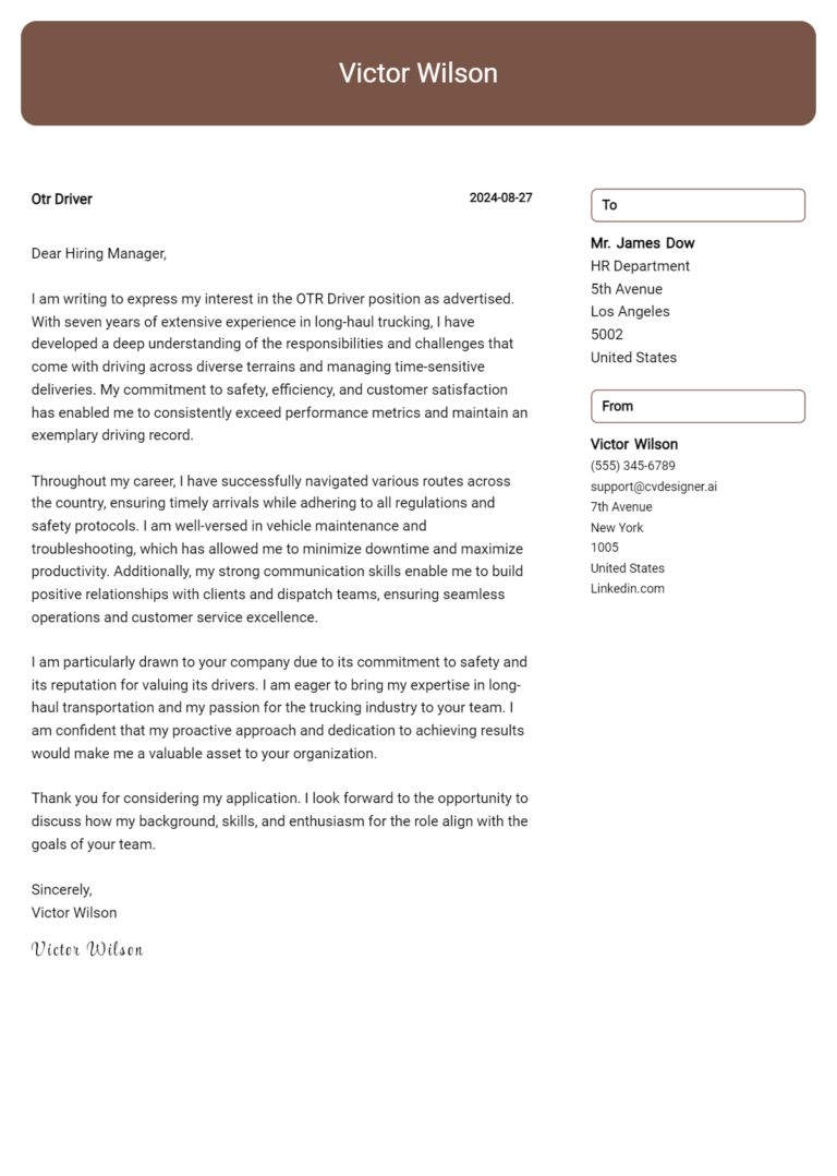 Otr Driver Cover Letter Example for 2025: Tips & Templates