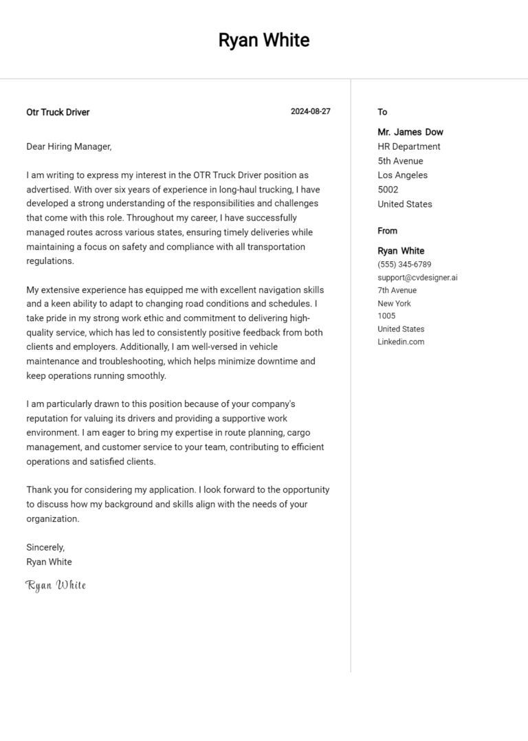 9 OTR Truck Driver Cover Letter Examples for 2025: Top CV Skills