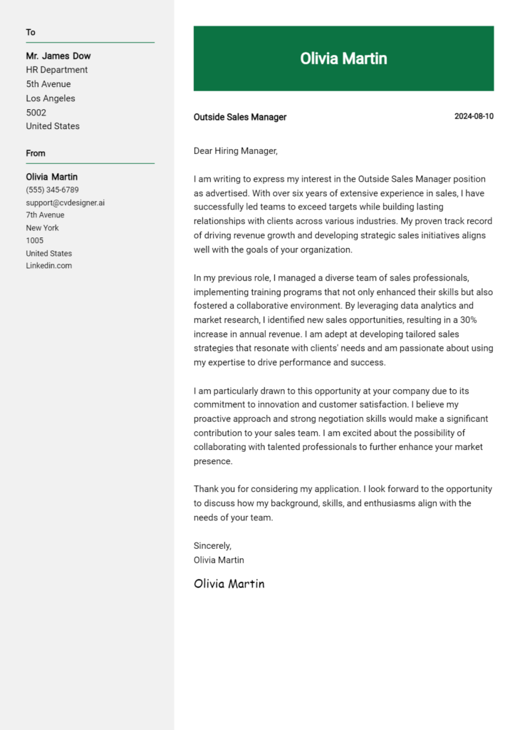 outside sales manager cover letter example