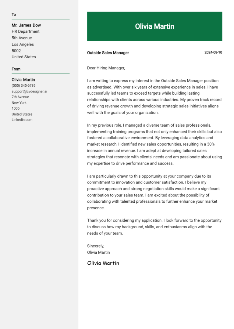 Outside Sales Manager Cover Letter Example for 2025 (Writing Guide)