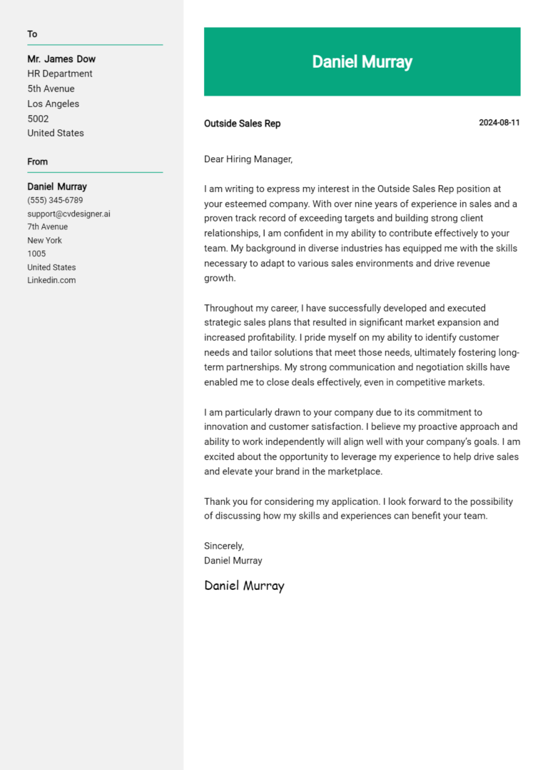 Outside Sales Rep Cover Letter Example for 2025 (Free Templates)