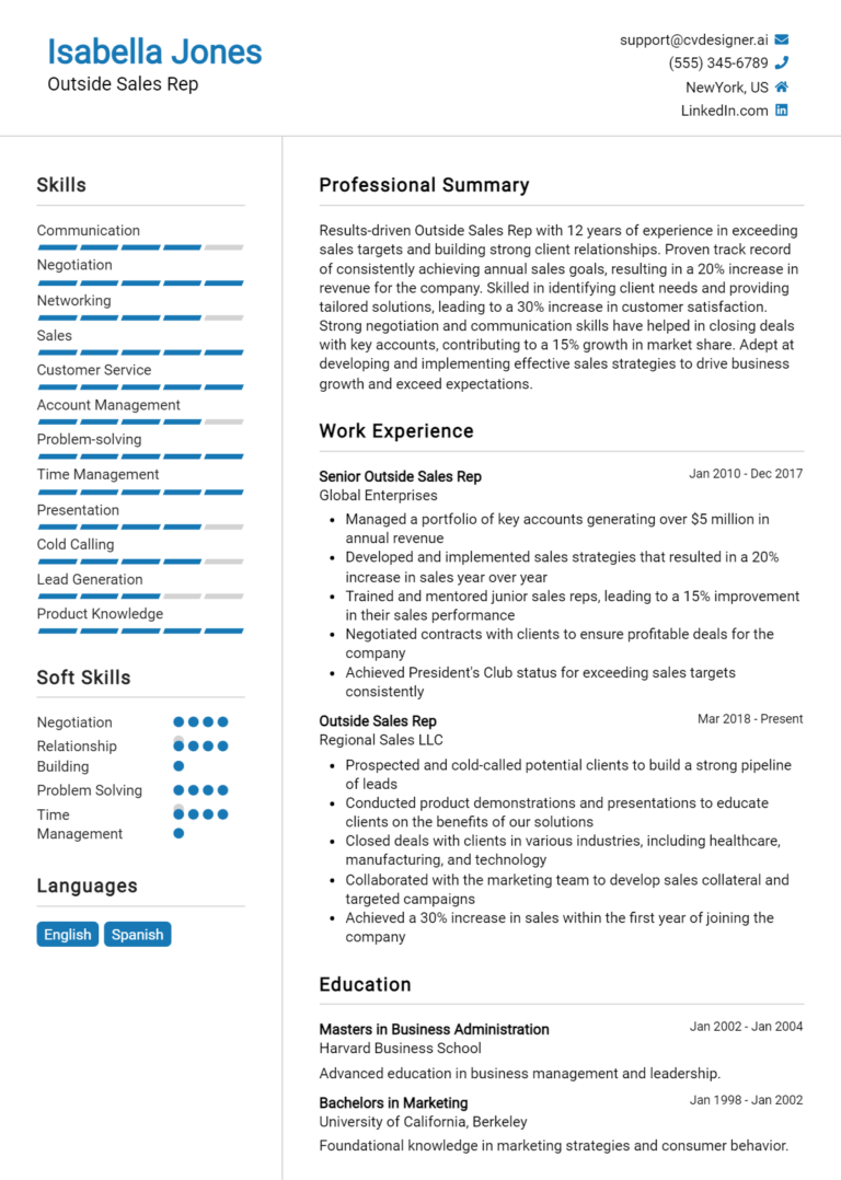 Outside Sales Rep Resume Example for 2025: Free Guide