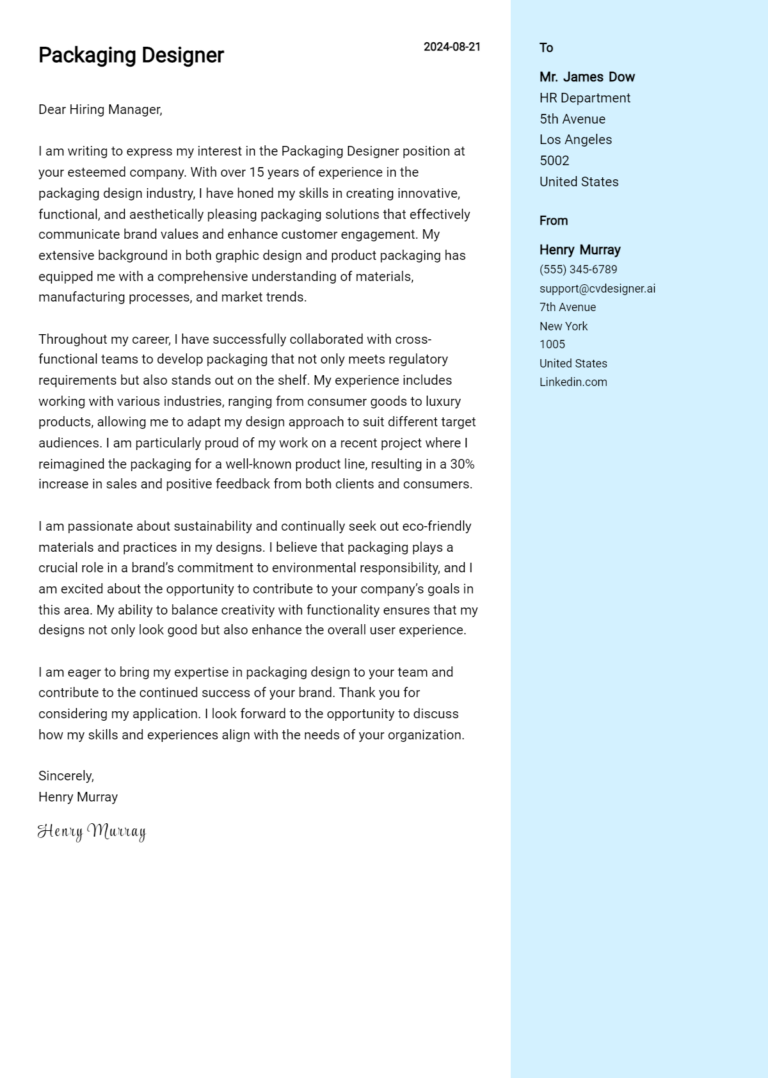 Packaging Designer Cover Letter Example for 2025: Ultimate Guide