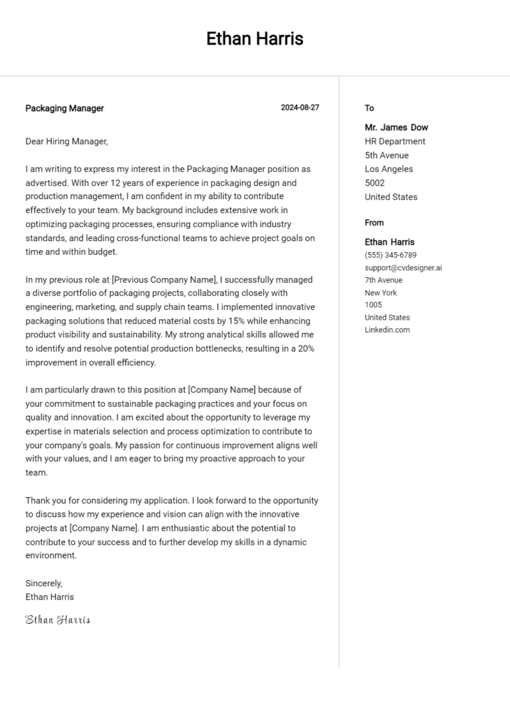 packaging manager cover letter example