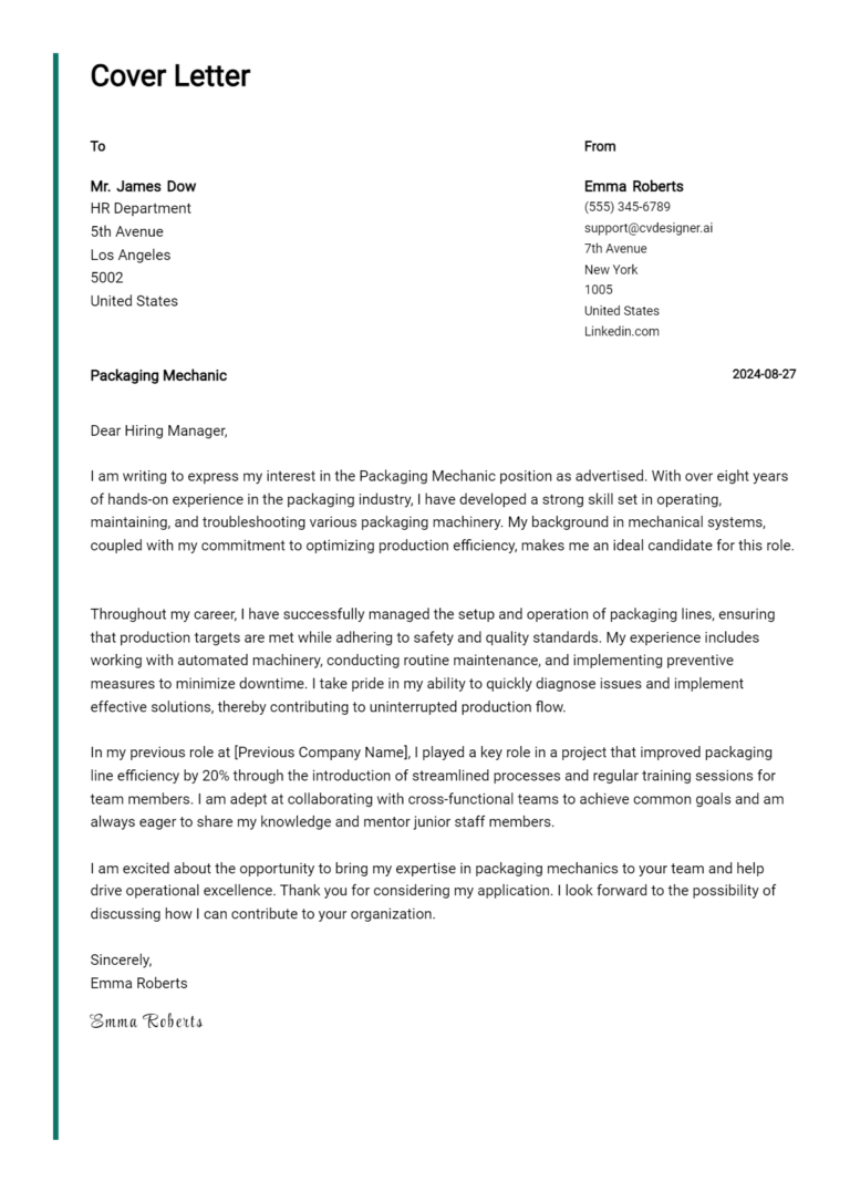 6 Packaging Mechanic Cover Letter Examples & Samples for 2025