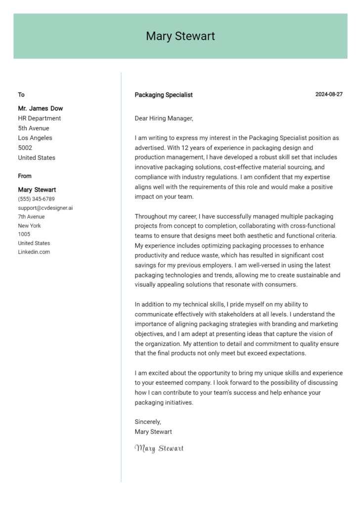 packaging specialist cover letter example