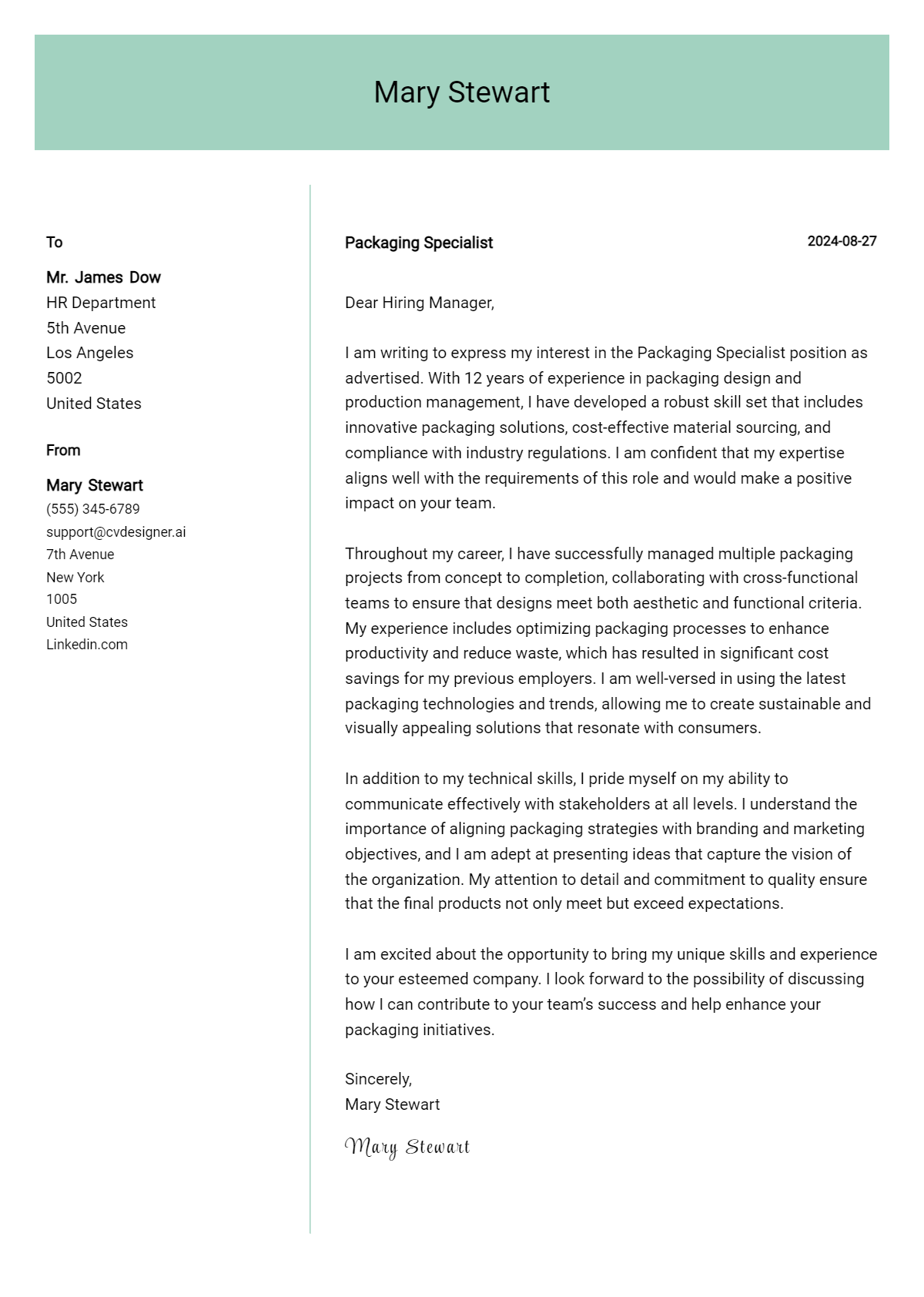packaging specialist cover letter example